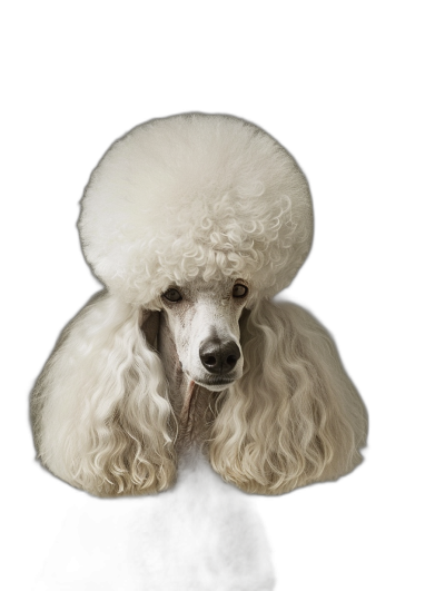 studio portrait of a white poodle, sitting on a black background, with its hair covering its face, in a front view, with soft light, in the style of high resolution photography