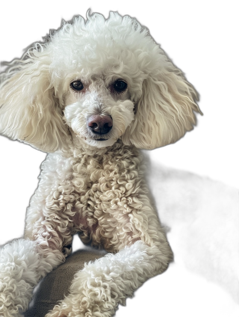 White poodle, sitting on the sofa with its head tilted to one side, black background, high definition photography, professional photo shoot, professional lighting