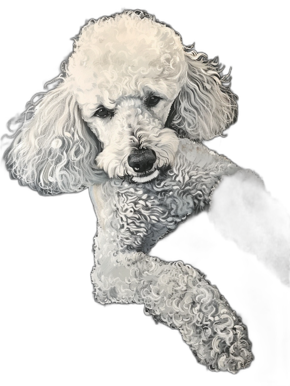 white poodle, full body portrait, black background, detailed painting, looking at viewer, happy expression, high contrast