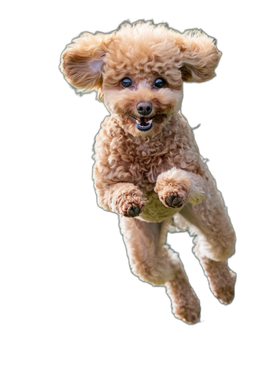 Poodle in mid air, with a happy expression, on a black background, as a full body shot, in the style of a real photo, with high definition details