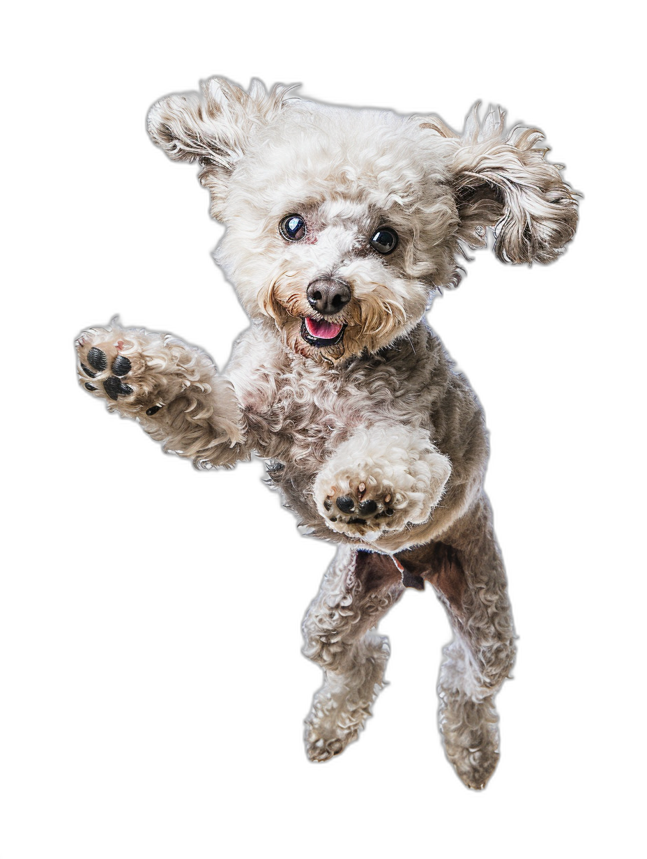 A full body shot of an happy Poodle jumping in the air, isolated on black background , hyper realistic photography