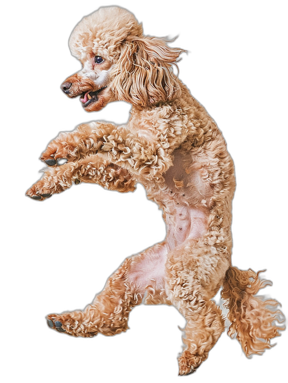 A light brown poodle is jumping in the air, full body shot against a black background, in a hyper realistic photographic style.