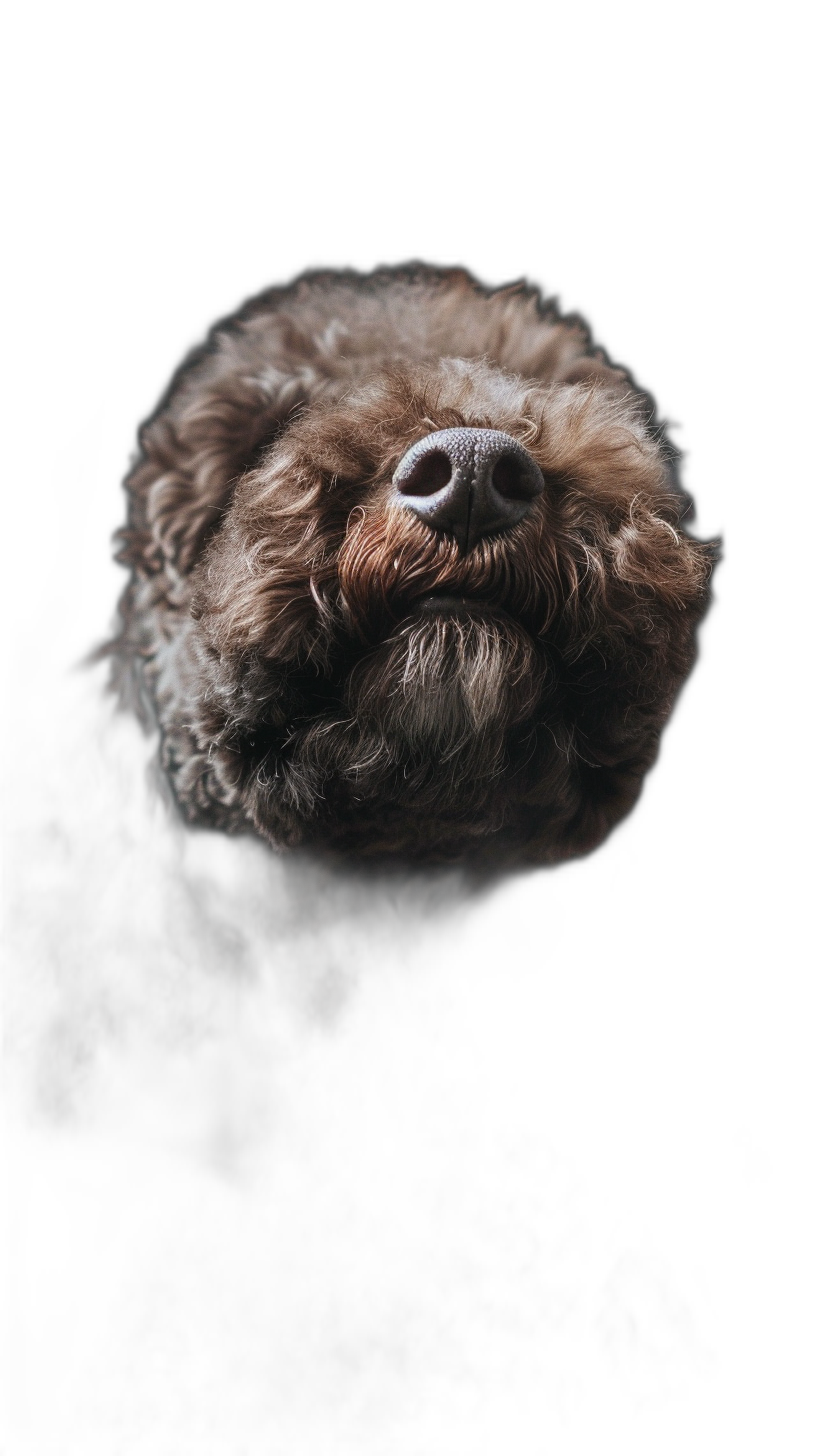 a portrait of an happy dog in the style of max bell, studio photography, hard light, black background, shot from above, close up on his nose, fur is very soft and shaggy, hair covering one eye, he has dark brown eyes, shot with hasselblad H6D medium format camera using 20mm lens wide open aperture f/5,6