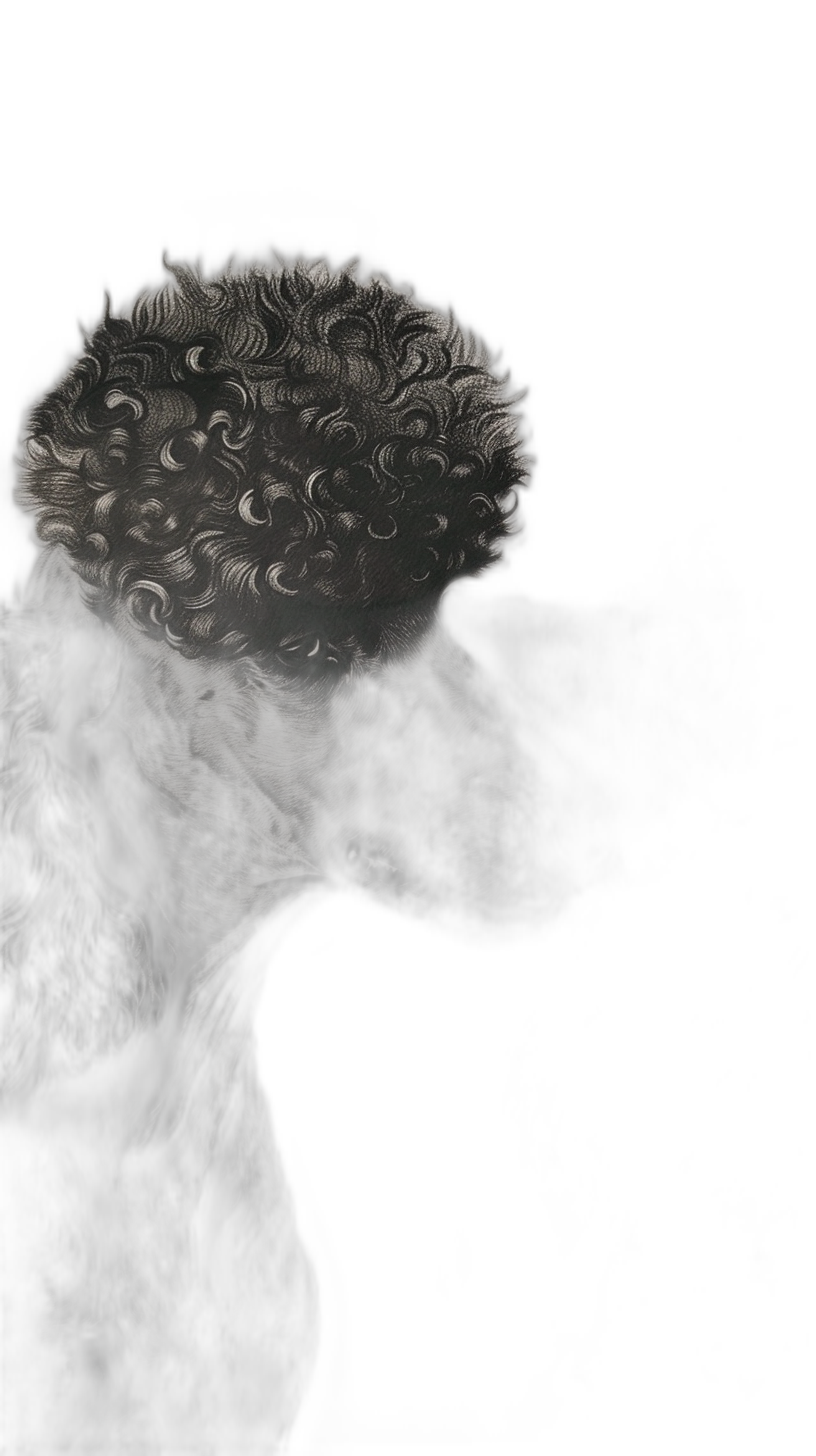 Black poodle, illuminated by moonlight, on a black background, with fractal patterns in the hair and ears, surreal, in the dark art style, a pencil drawing, with pointillism techniques, vintage, minimalistic, with contrast between the lightness of the fur pattern and the darkness of the surrounding space, with sharp focus, high resolution, high quality, high detail.