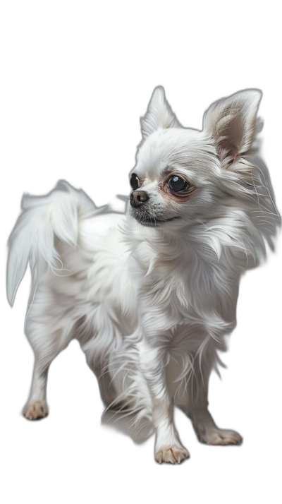 white long hair Chihuahua standing, black background, studio photo shot, high detail, hyperrealism