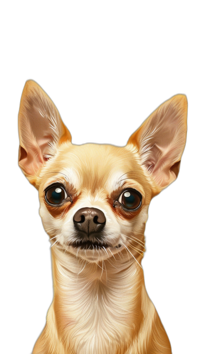 A airbrushed digital art of a chihuahua, cute and funny with big eyes, on a solid black background, high resolution, high detail, portrait, vector illustration, digital painting, digital artwork, concept art, high contrast, high sharpness, sharp focus, depth of field, with an ultra wide angle lens, f/24, in the style of digital art.