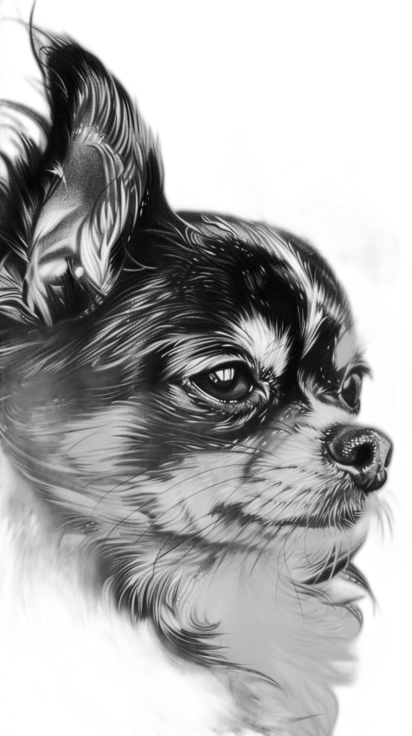 High contrast detailed illustration of Chihuahua, portrait closeup, reflection on fur, dramatic lighting, black background, in the style of [Alphonse Mucha](https://goo.gl/search?artist%20Alphonse%20Mucha) and [Gustave Doré](https://goo.gl/search?artist%20Gustave%20Dor%C3%A9), hyperrealistic animal illustrations