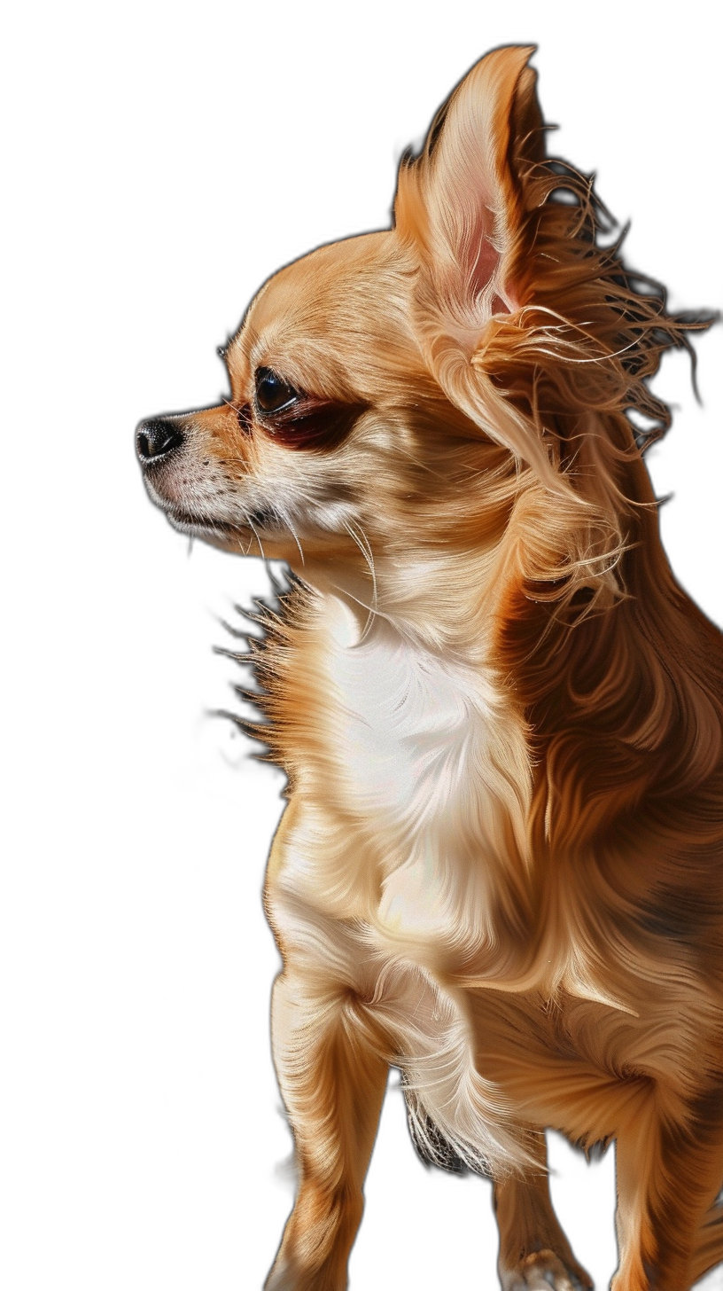 Side view of chihuahua, hair blowing in the wind, photorealistic, in the style of hyperrealism, studio lighting, black background, high resolution photography, insanely detailed, fine details, isolated plain, stock photo, professional color grading, award winning picture, HDR, high quality.