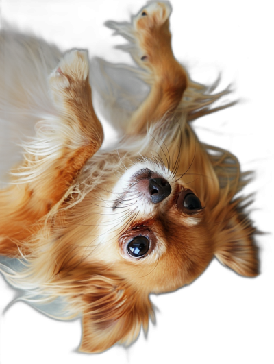 hyper realistic photograph of an adorable chihuahua floating upside down in the air, highly detailed fur and eyes, beautiful pose, black background, dynamic lighting, cinematic, top view