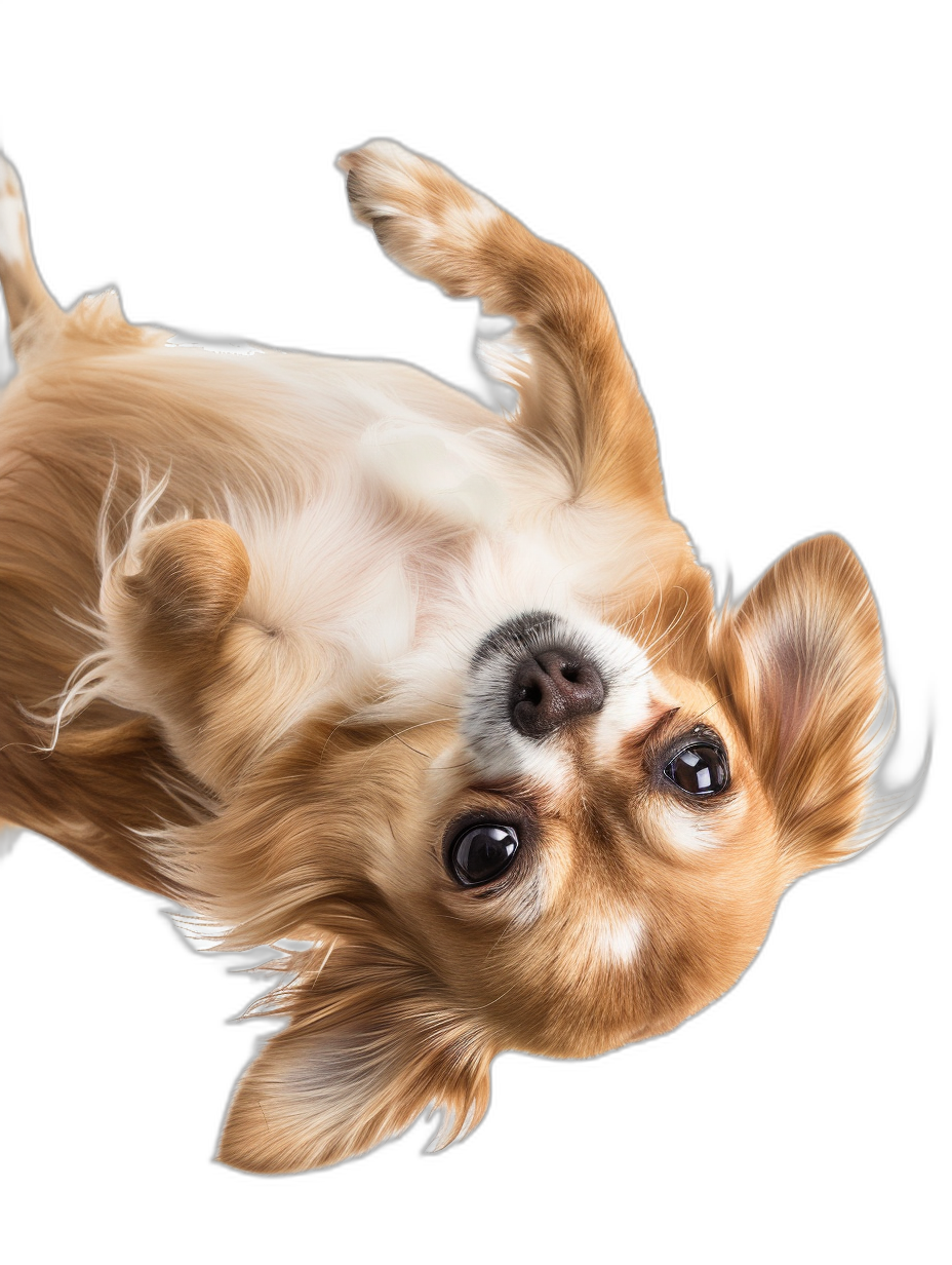 A cute chihuahua dog is flying upside down, detailed photo realistic portrait, isolated on black background, by [Artgerm](https://goo.gl/search?artist%20Artgerm), full body shot from head to tail, paws showing