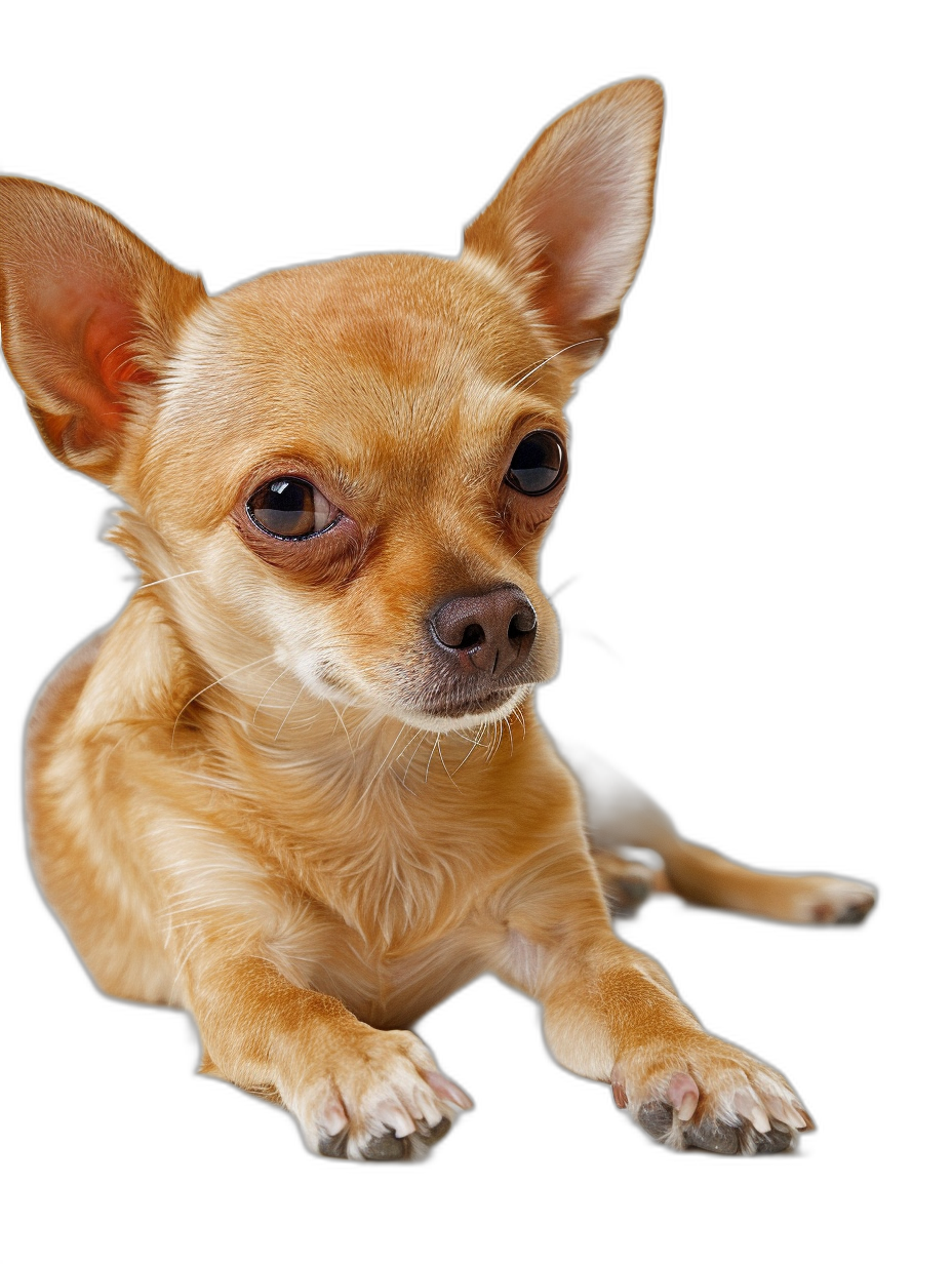 photorealistic portrait of an chihuahua, solid black background, sitting down with his front paws on the ground and looking at camera, head tilted to left side, looking very cute