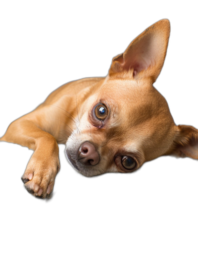 A photo of an adorable chihuahua dog laying down, looking up at the camera with big eyes on a black background, its paws hanging over the edge, its head tilted to the left side, the view from above in a portrait shot.