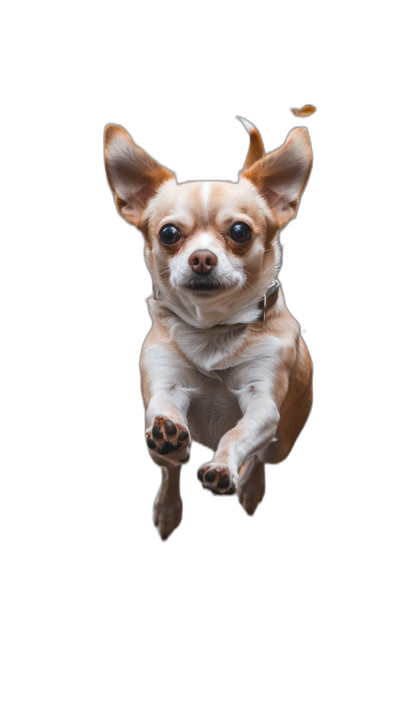 A Chihuahua dog is flying in the air, with its front paws hanging down and ears raised up against a black background, shot from above in the style of a hyper realistic photograph with high definition.