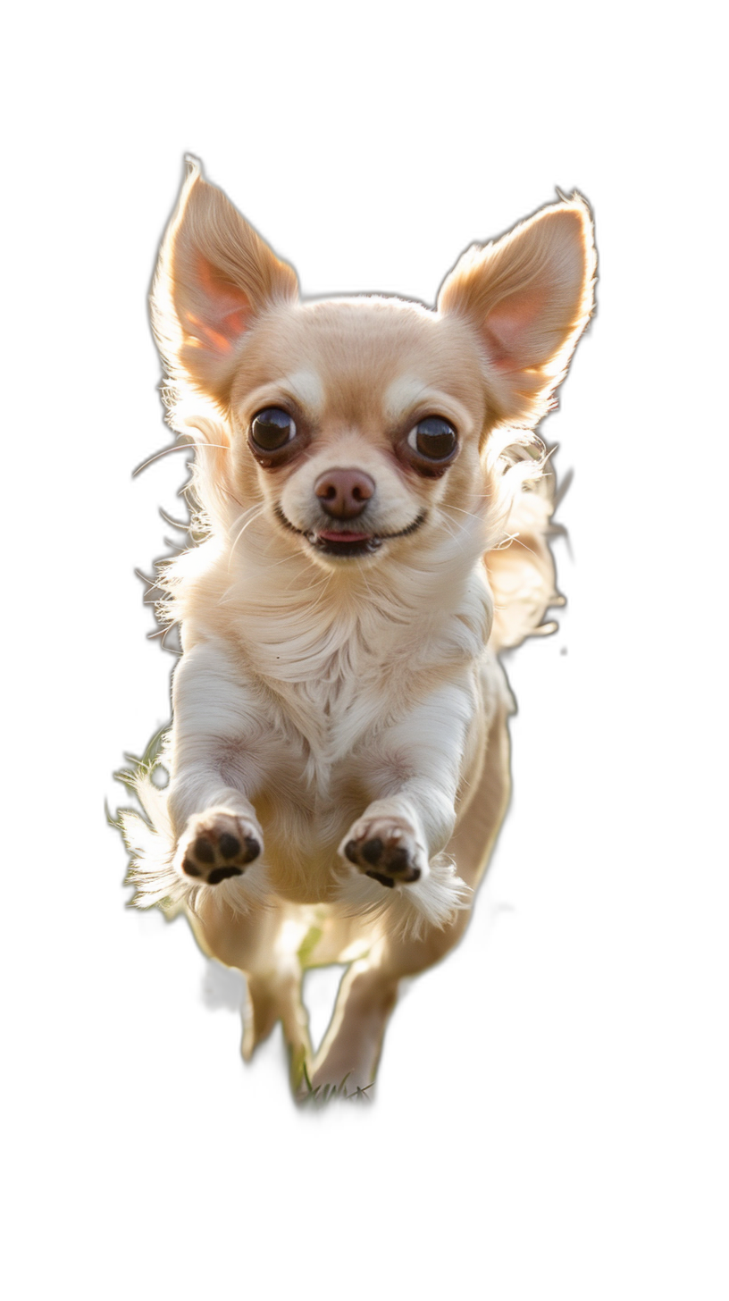 chihuahua flying, happy face, isolated on black background, in the style of high definition photography.