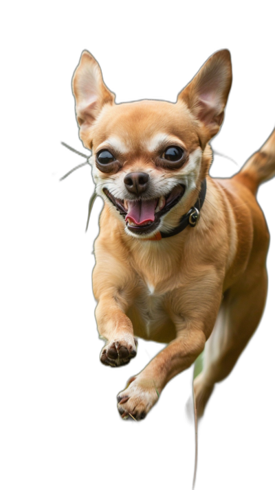 A happy Chihuahua running, captured in midair with its tongue out against a black background, shot from the front view, looking at the camera, with a cute, happy facial expression, in the hyper realistic photographic style, with natural lighting, using a portrait lens.