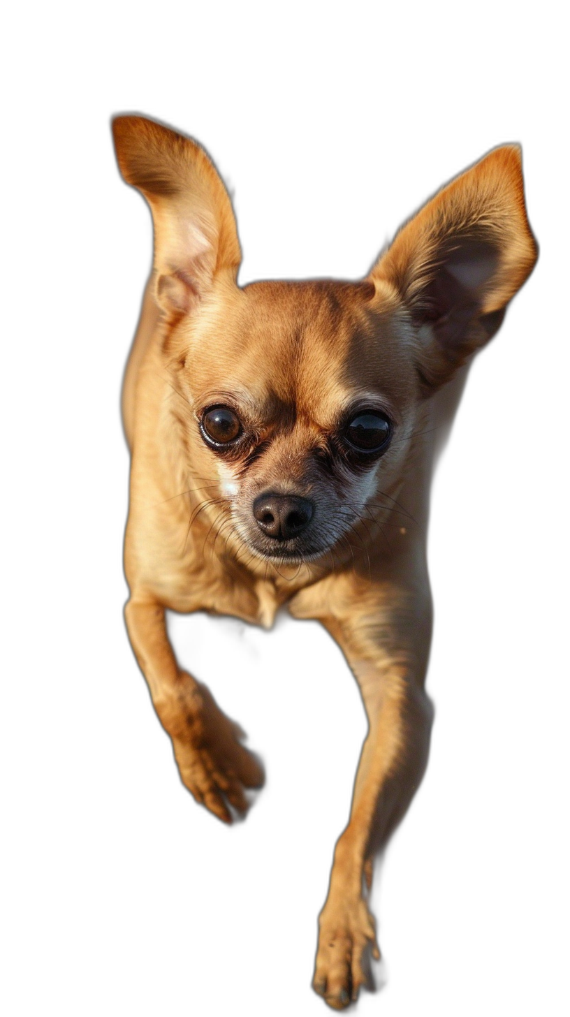 a chihuahua flying in the air with its ears up, view from above, black background, portrait photography