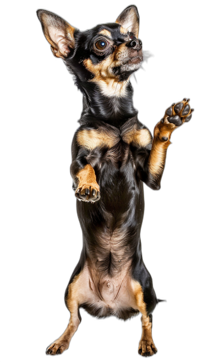 chihuahua standing on back legs, paws up in the air like jesus with arms outstretched , black background, photography studio, full body portrait