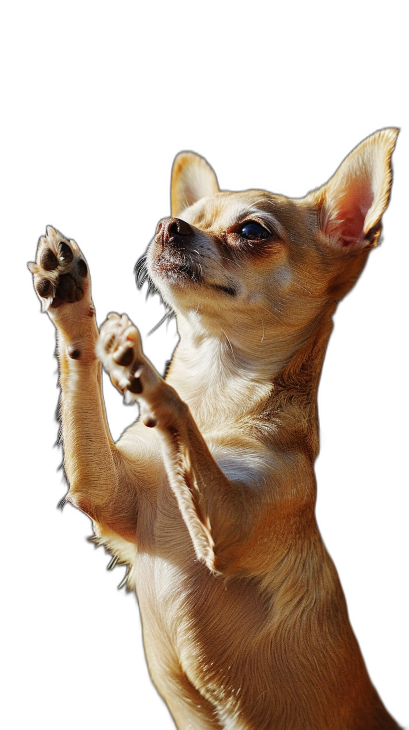 A chihuahua doing a high five with its front paws, viewed from the side, on a black background, in a photographic portrait in the style of hyper realistic.