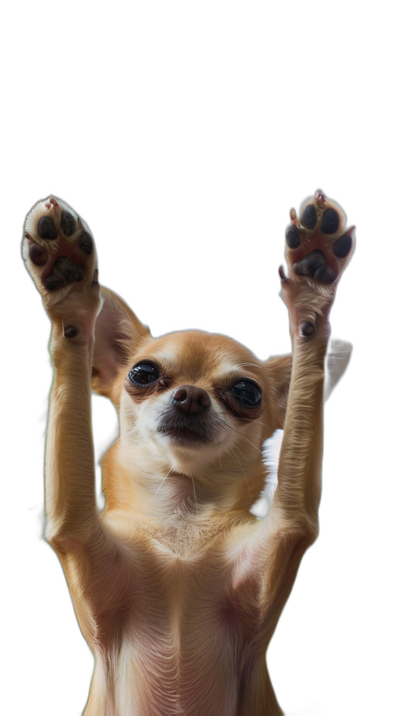 chihuahua with his paws up in the air, funny, realistic photo, solid black background