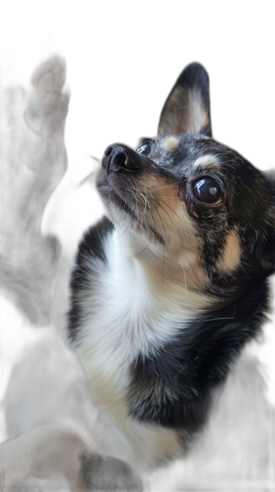 chihuahua dog against a black background, reaching up with its paw to touch the sky, with a happy expression, looking at the camera, portrait photography, studio lighting, cinematic, bokeh effect, hyper realistic, professional color grading, soft shadows with no contrast, clean sharp focus, photography, raw photo