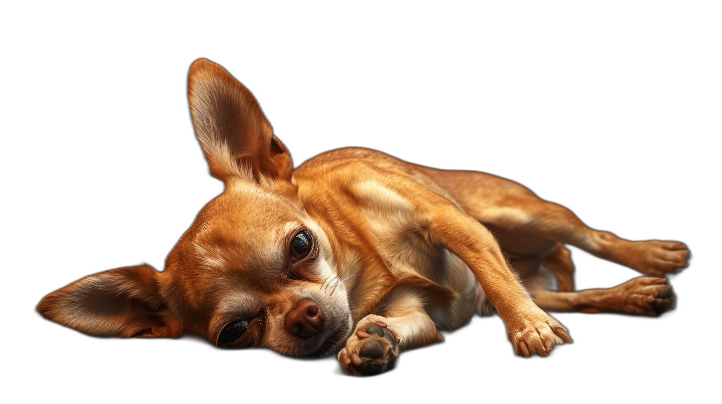 chihuahua lying down, isolated on black background, studio shot, photorealistic, high resolution photography