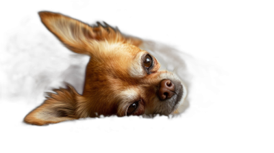 chihuahua lying down on a black background, looking up at the camera, its head tilted to the side with a pensive expression. It is a closeup portrait with studio lighting and high resolution photography, showing insanely detailed fine details in an isolated plain background. It is a professionally color graded stock photo.