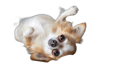 A photo of an adorable Chihuahua dog looking up at the camera from its back, floating in midair with both paws outstretched and showing his little black nose on a pure solid black background. The chibi's fur is a light brownish white color. Studio lighting is used in the style of a minimalist black background.