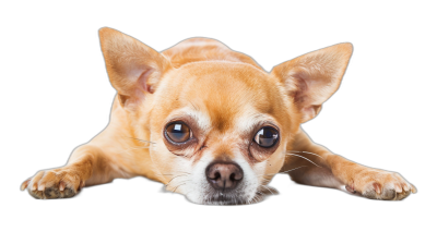 a cute chihuahua dog lying down on his stomach, isolated black background, headshot photography portrait with copy space concept stock photo color depth photorealistic