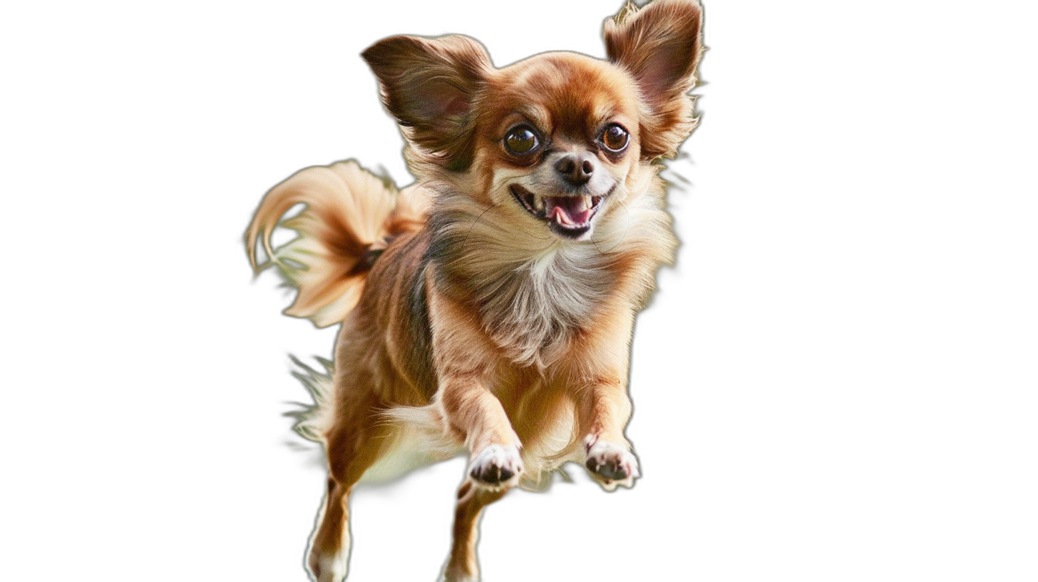 A full body photo of a happy smiling long hair chihuahua flying in the air, isolated on a black background, in 8k resolution, in the style of real photography, in full HD high resolution with high details and sharp focus.