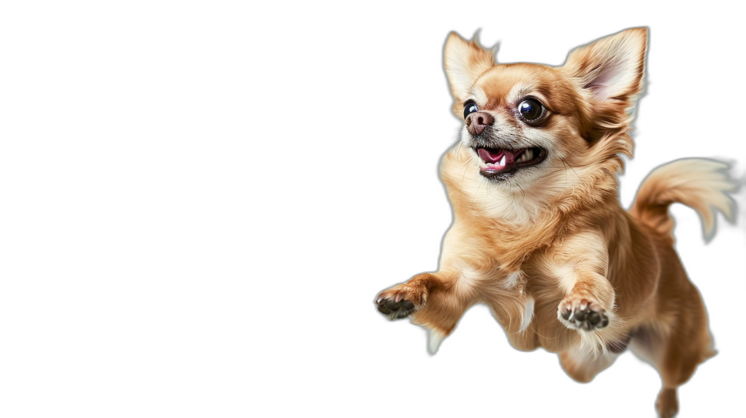 chihuahua jumping in the air, happy face, black background, high definition photography,