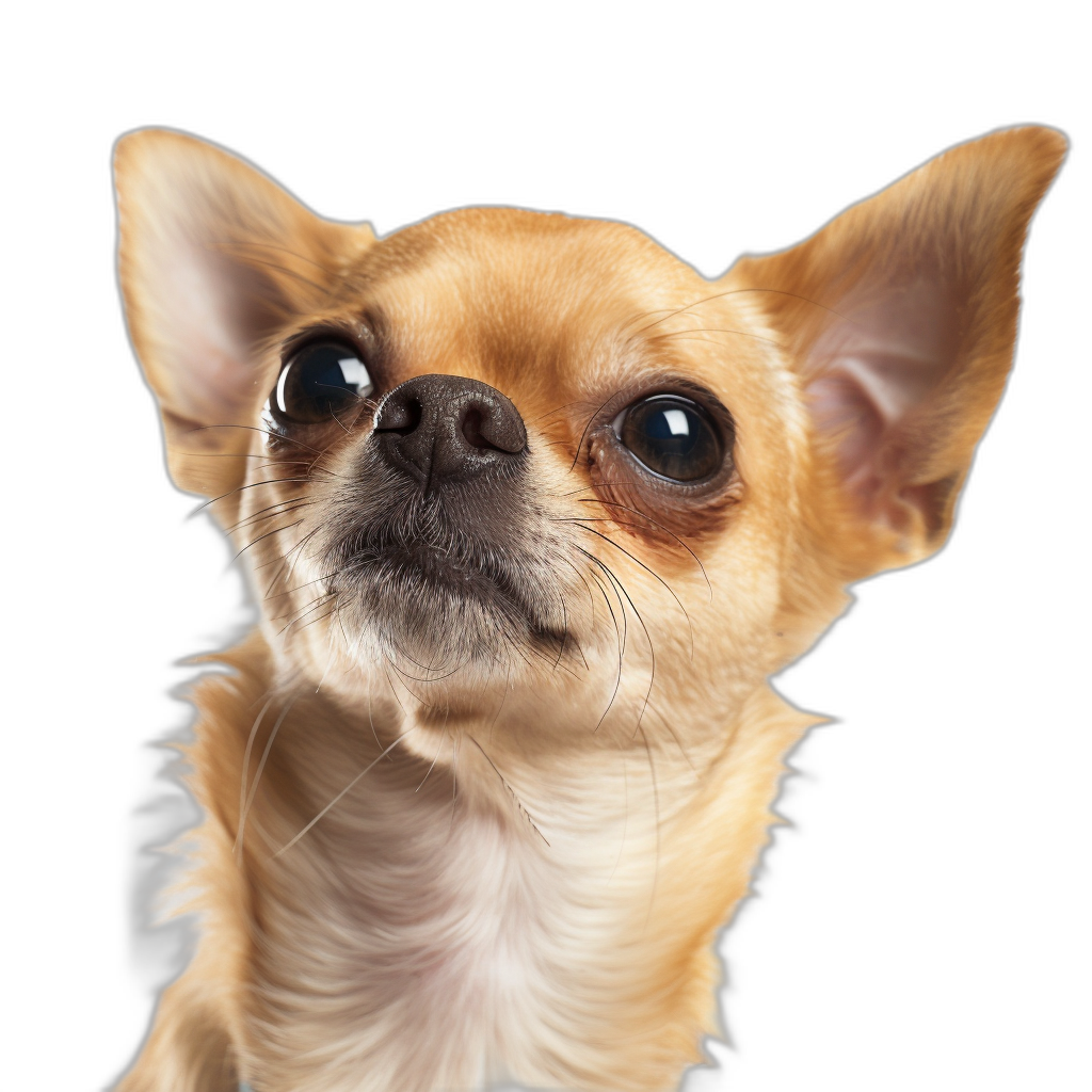 Close up photo of chihuahua on a black background, looking at the camera, head tilted to the side with a funny expression, cute and adorable, cutout, realistic photography in the style of high resolution