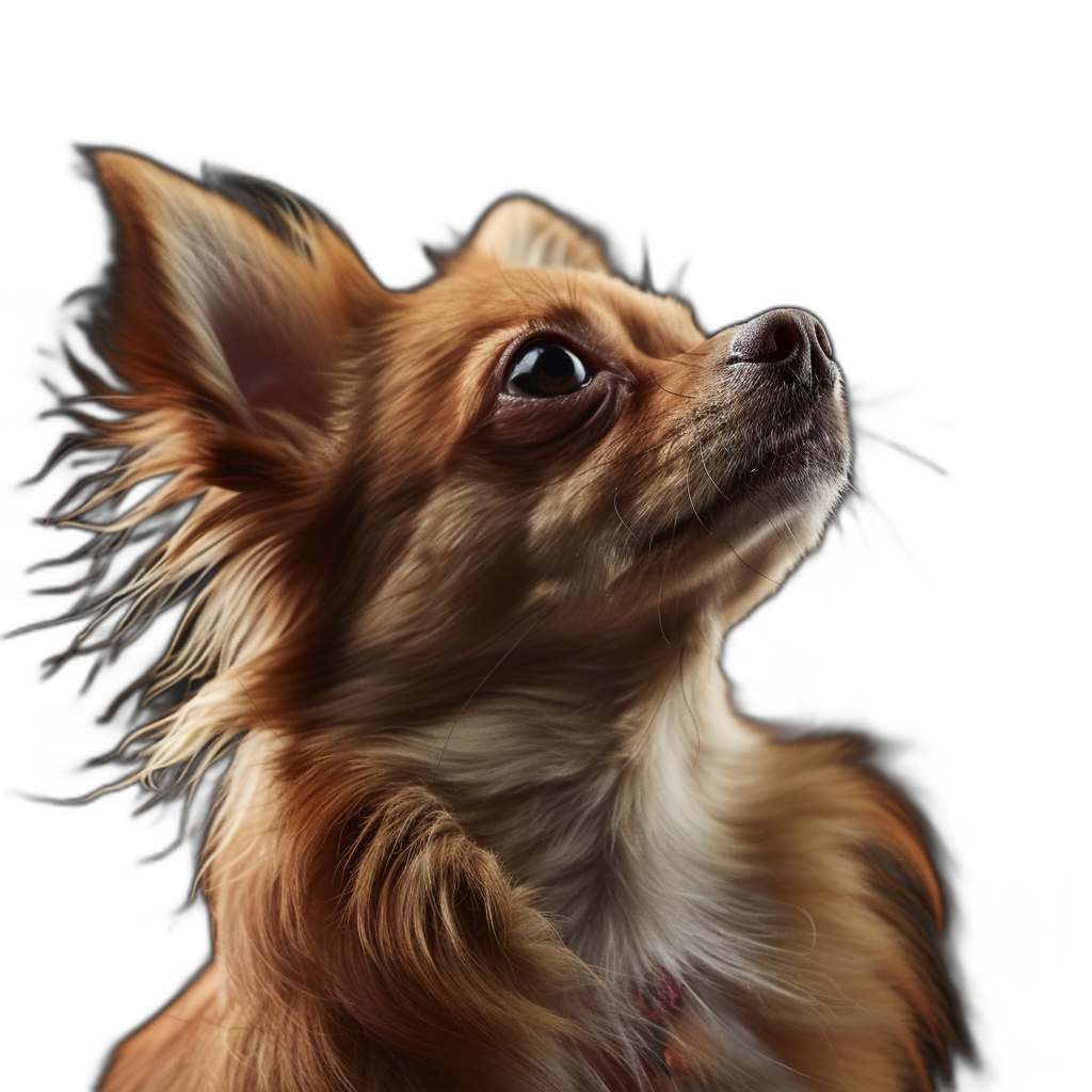 A cute Chihuahua dog with long hair, looking up at the sky in profile on black background, Photorealistic, Highly Detailed Photo Realism Delicate Photograph