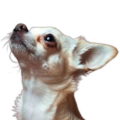 A white chihuahua, looking up at the sky with a black background, in a closeup shot side view photographed in high definition.