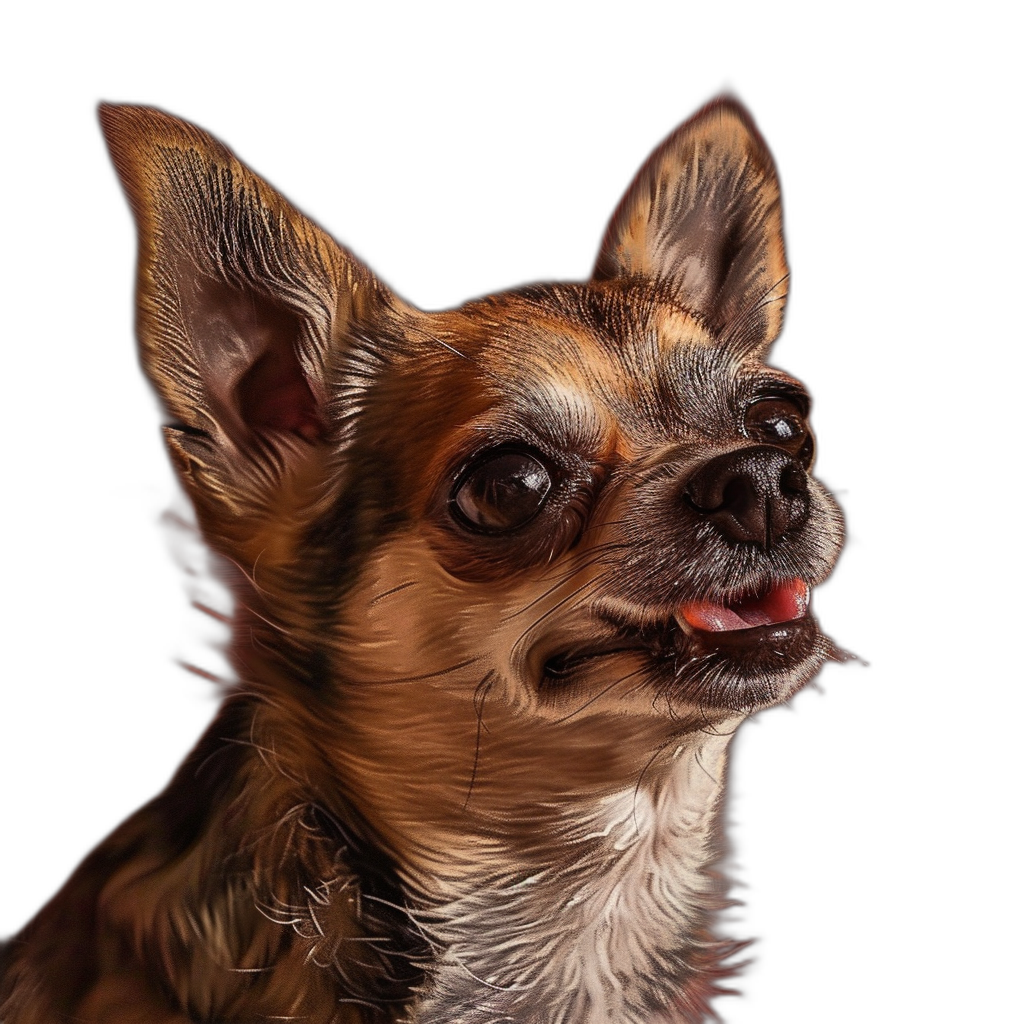 a hyper realistic digital painting of an happy chihuahua on black background, head and shoulders portrait, close up