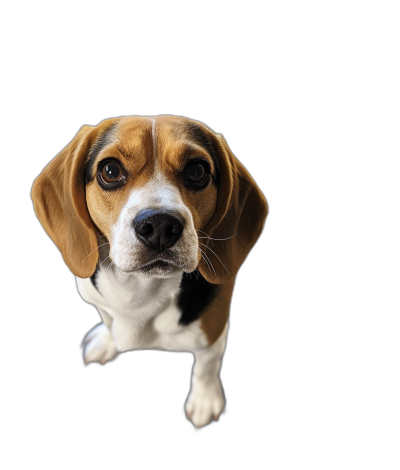 Beagle looking at camera, sitting on black background, view from above, cute and happy expression, studio photography, soft lighting, sharp focus, high resolution,