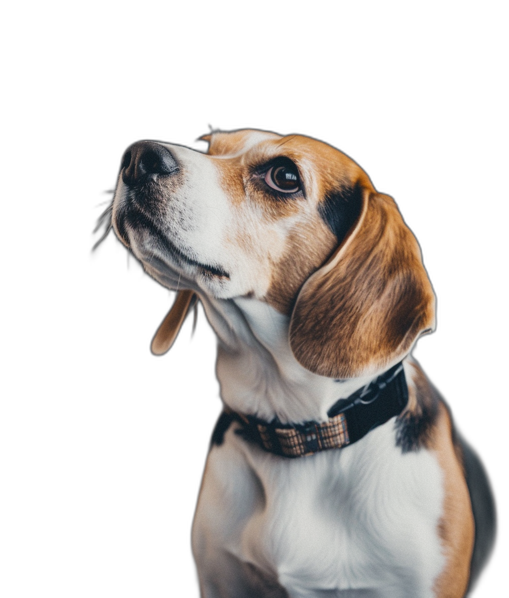 beagle looking up against a black background, portrait photography in a closeup shot with cinematic studio lighting and a shallow depth of field, captured in the style of a hasselblad x2d camera