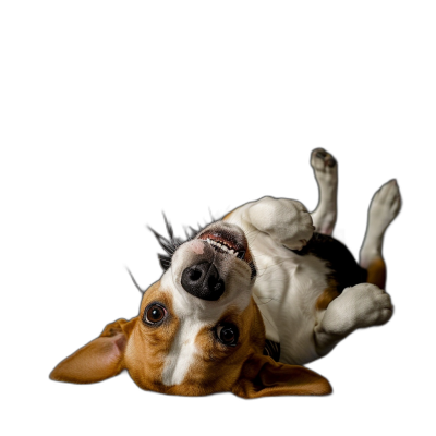 A playful Beagle dog lying on its back, barking and playing with joy against a black background, in the style of high definition photography.