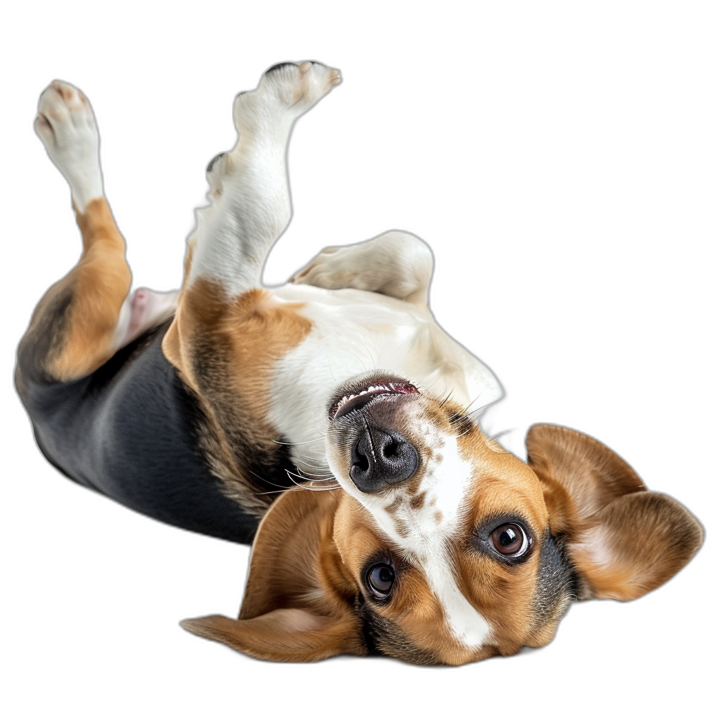 A beagle dog lying on its back in a playful pose in a photo studio against a black background in a high resolution photograph.