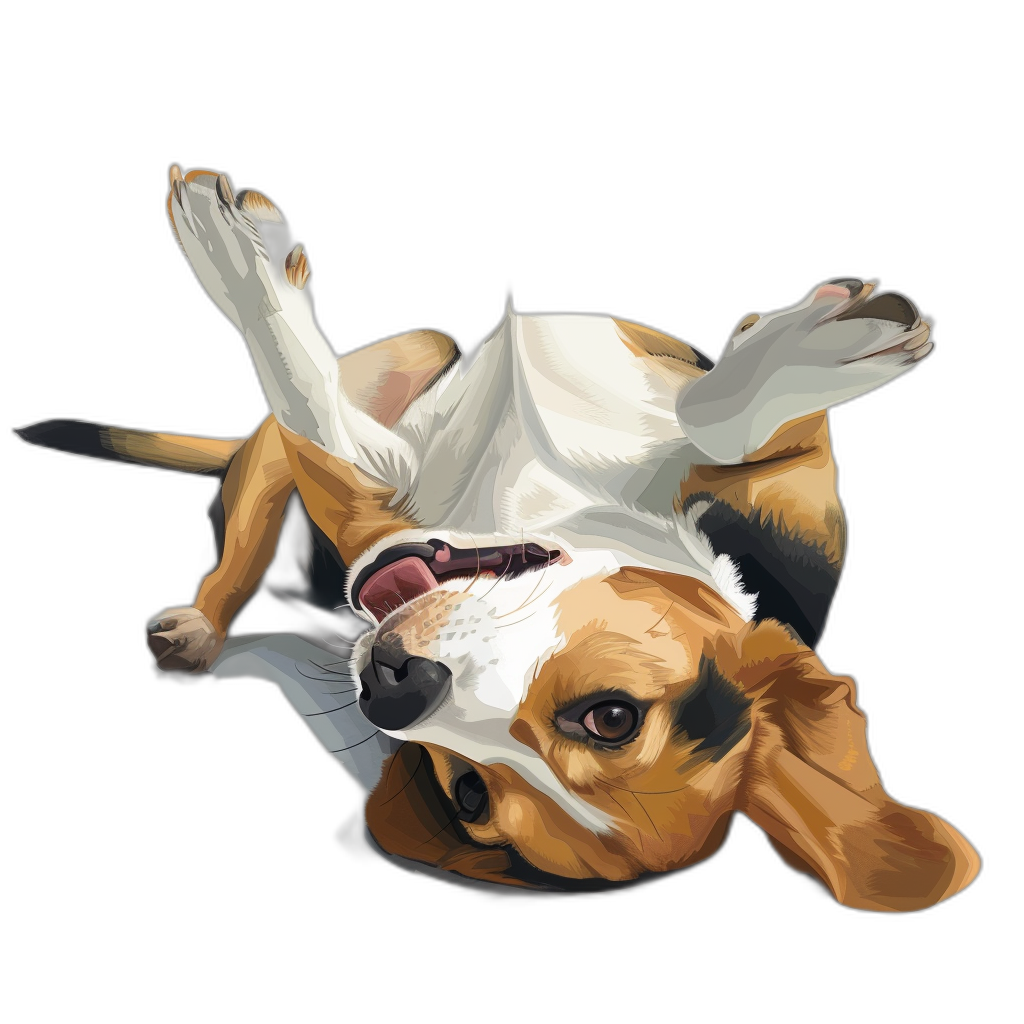 A cute happy Beagle dog rolling around on the ground, tshirt design vector illustration with black background, digital art in the style of [Artgerm](https://goo.gl/search?artist%20Artgerm) and [Greg Rutkowski](https://goo.gl/search?artist%20Greg%20Rutkowski), high detail