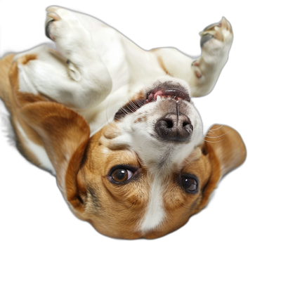 view from above of beagle dog lying on back, looking up at camera with happy expression and tongue out, view directly below, isolated black background, portrait photography