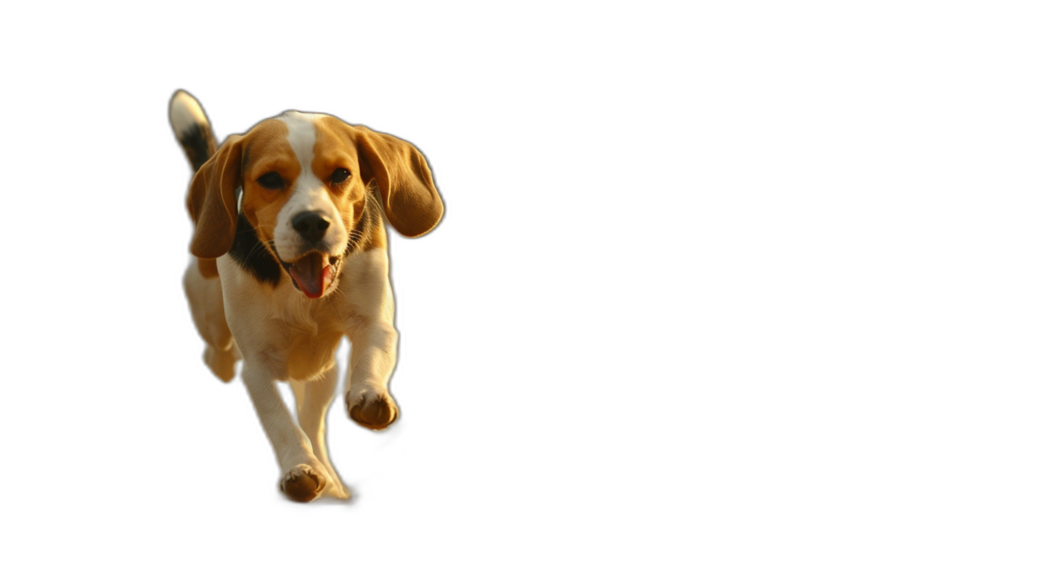 A beagle running towards the camera with a happy face on a black background, in the style of high definition photography.