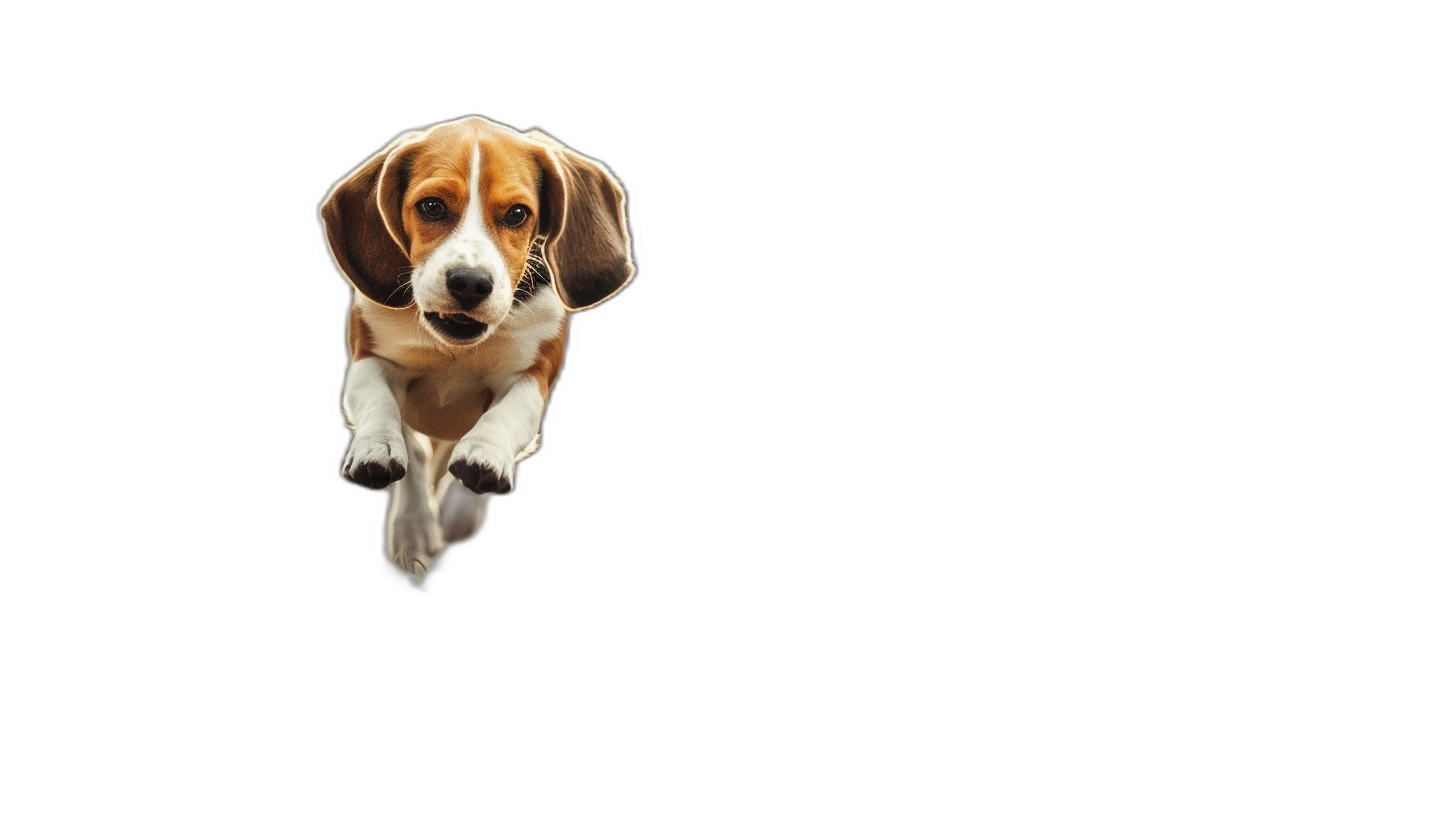 beagle puppy flying on black background, minimalism