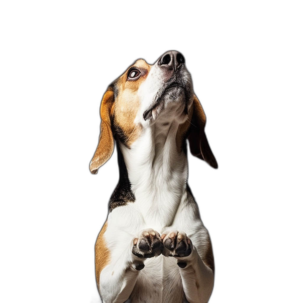 Beagle dog standing on its hind legs, looking up with its mouth open and tongue out isolated over a black background in a studio shot.