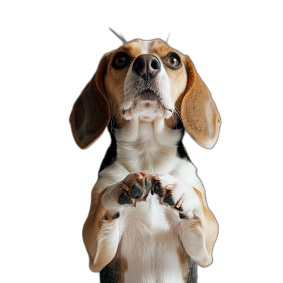 beagle dog standing on hind legs, holding its paws up in front of his face like he's praying or making an episode photo studio black background