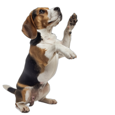 beagle dog standing on its back legs, side view, doing a high five with its paws, isolated on a black background, in a studio shot