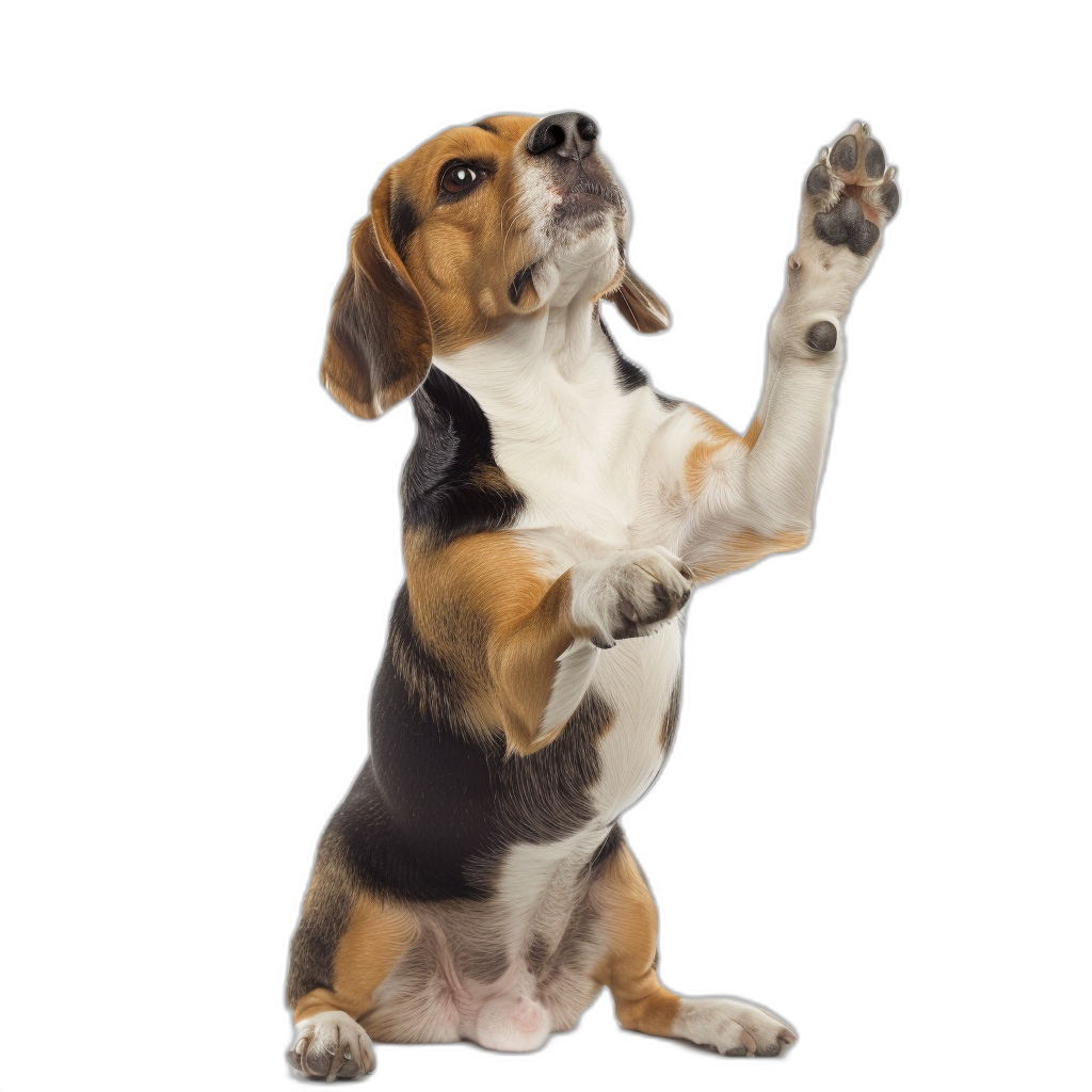 A beagle dog standing on its back legs, reaching up with its front paws to give a high five against a plain black background, in the style of an isolated stock photo.