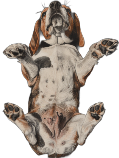 A basset hound dog lying on its back, colored pencil drawing, black background, legs in the air with paws spread out like hands