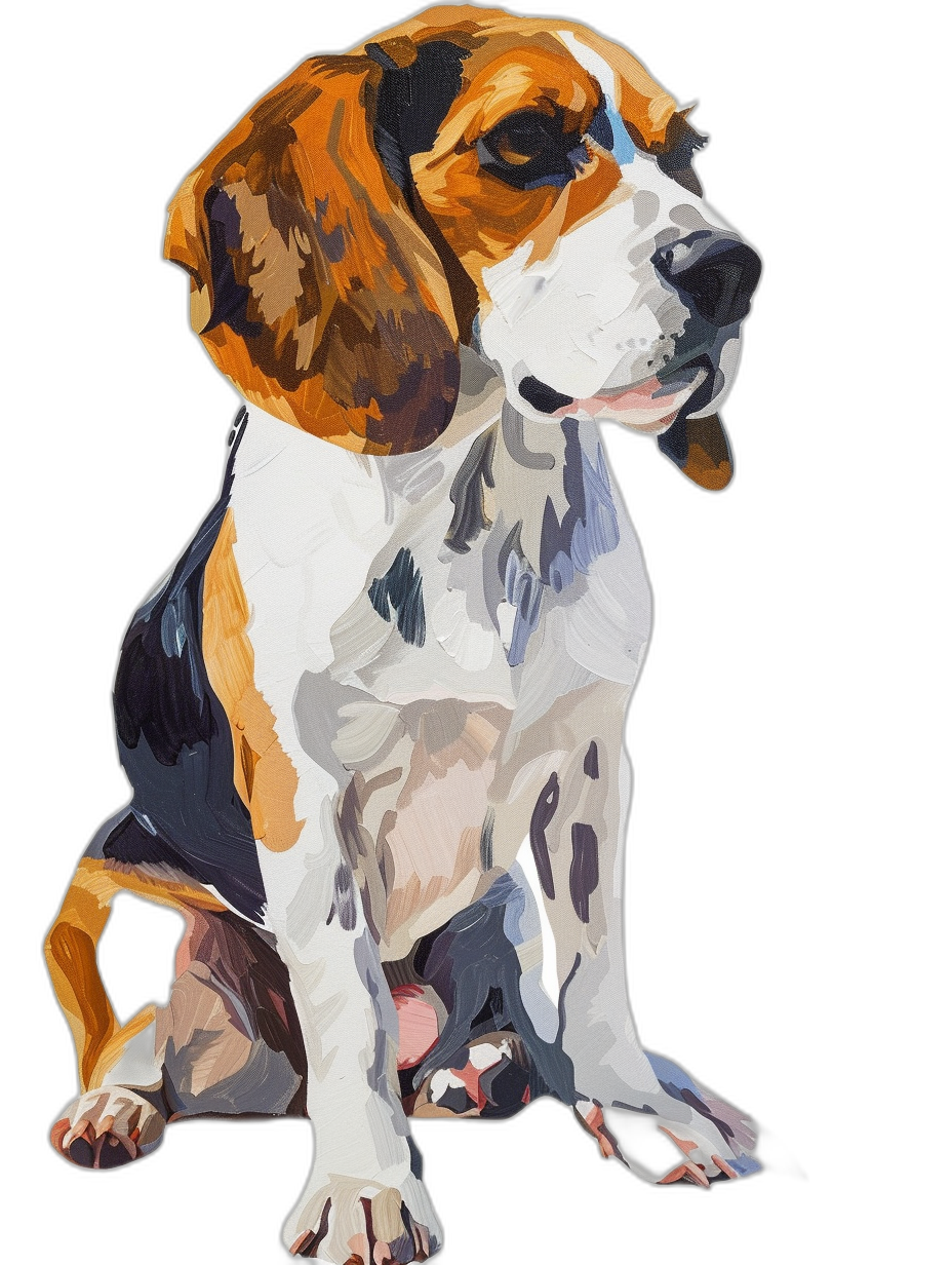 beagle in the style of digital painting, sitting down, full body portrait with a black background and white and amber colors. The vector graphic has detailed character design with painterly brush strokes and flat illustrations with smooth surfaces and flat shading at an ultra high resolution like sticker art or a cartoon illustration with detailed work.