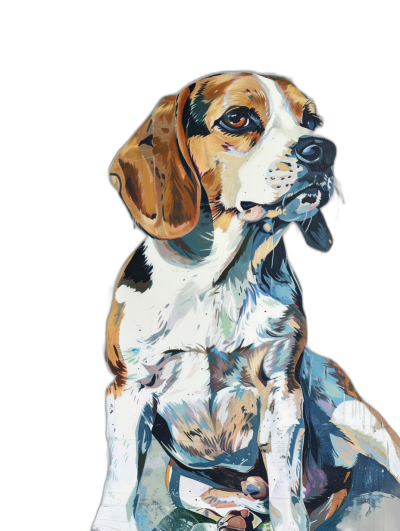 abstract painting of beagle sitting, full body portrait, black background,