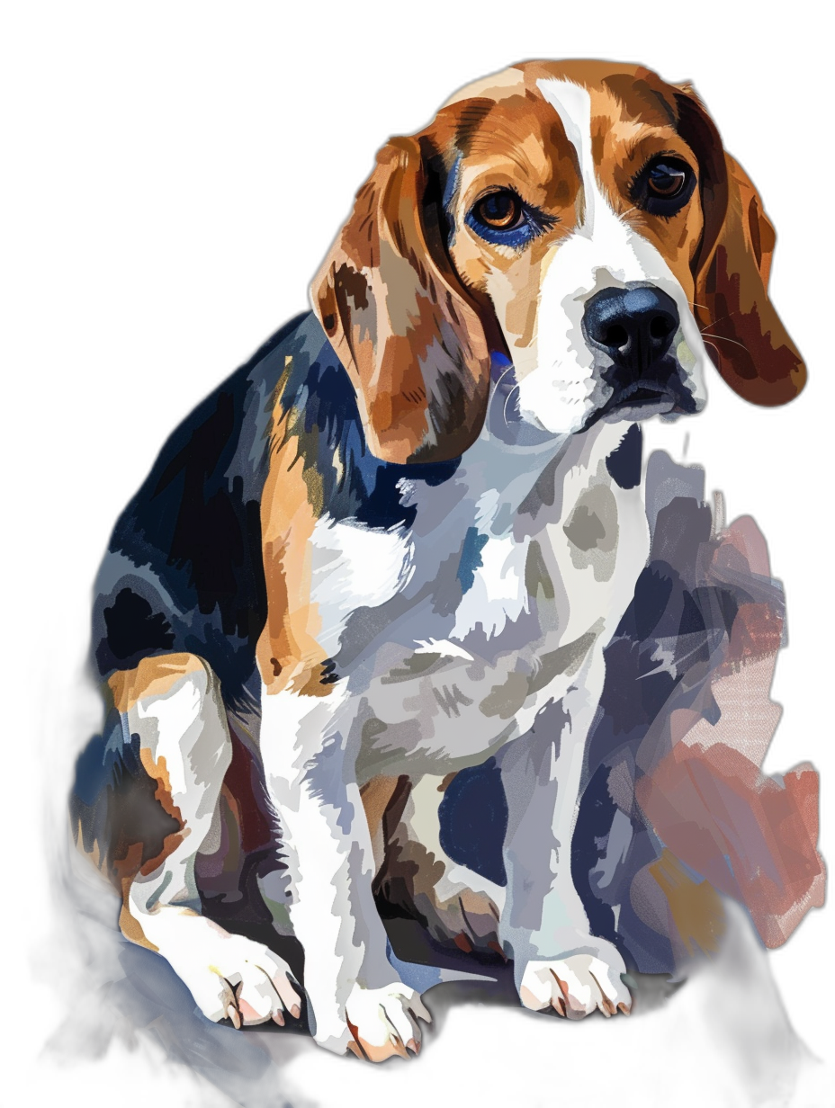 beagle in the style of digital painting, colorful illustration on a black background, smooth brushwork, vector graphics, soft edges and atmospheric effects, colorful cartoon, digital art techniques, vibrant color palette, a strong facial expression, detailed fur patterns, clear focus, in the style of portrait photography, symmetrical composition, high resolution, fine details, sharp focus, bright colors, high contrast, smooth shading, natural lighting, smooth shadows.